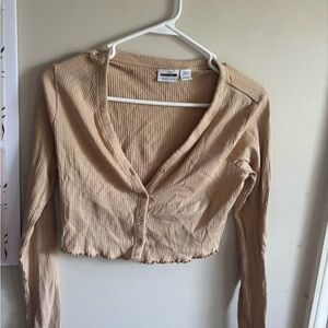 Noisy May Beige Ribbed Cropped Button Cardigan